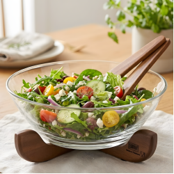 Glass Bowl & Wooden Base With 2 Wooden Spoons